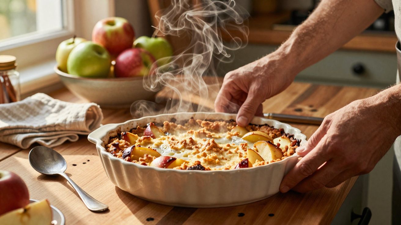 Prato branco com torta de maçã fumegante com crumble, mãos a segurá-lo numa mesa de madeira.