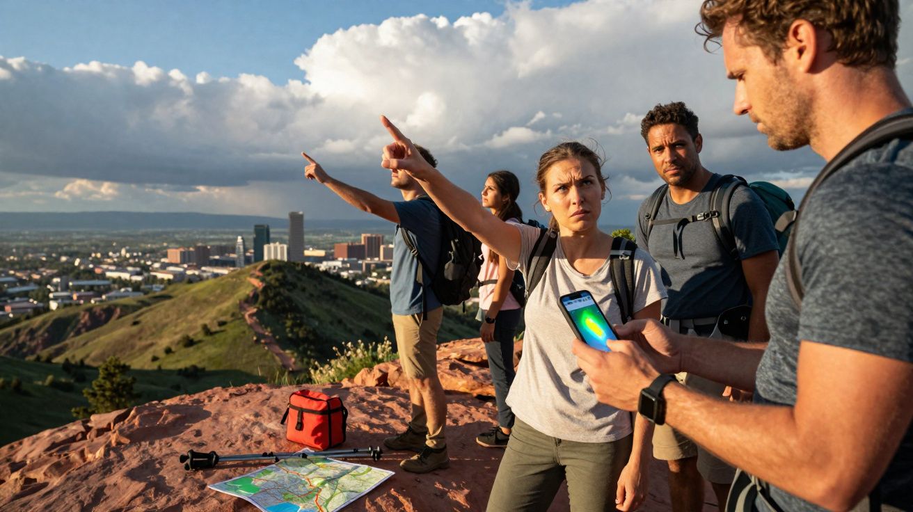 Grupo de cinco pessoas com mochilas no topo de uma montanha, com mapa e cidade ao fundo.