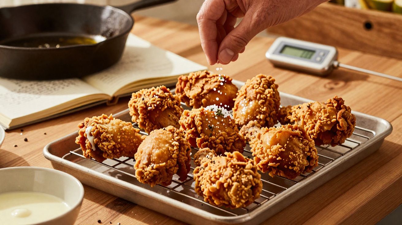 Mãos salpicando sal em pedaços de frango frito crocante sobre grelha metálica numa bandeja.