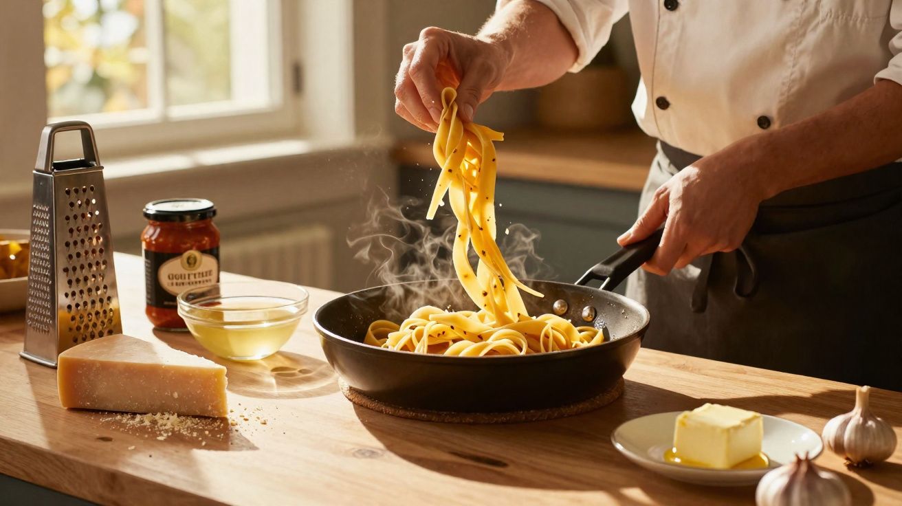 Pessoa a cozinhar esparguete numa frigideira numa cozinha com ingredientes ao lado na bancada.