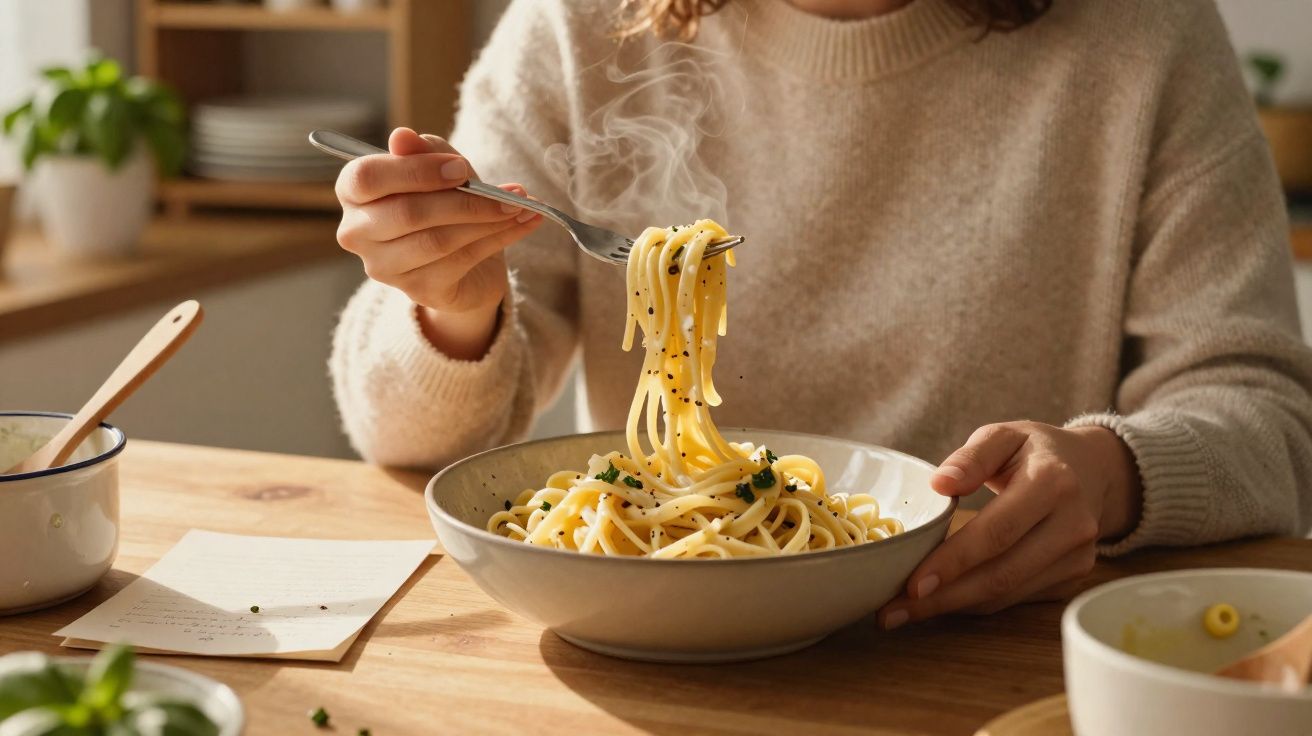 Pessoa a comer esparguete quente com ervas num prato fundo numa mesa de madeira.