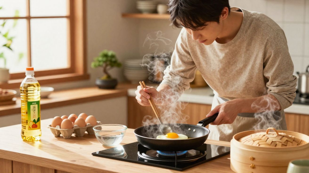 Jovem cozinha ovo estrelado numa frigideira numa cozinha moderna com utensílios e ingredientes na bancada.