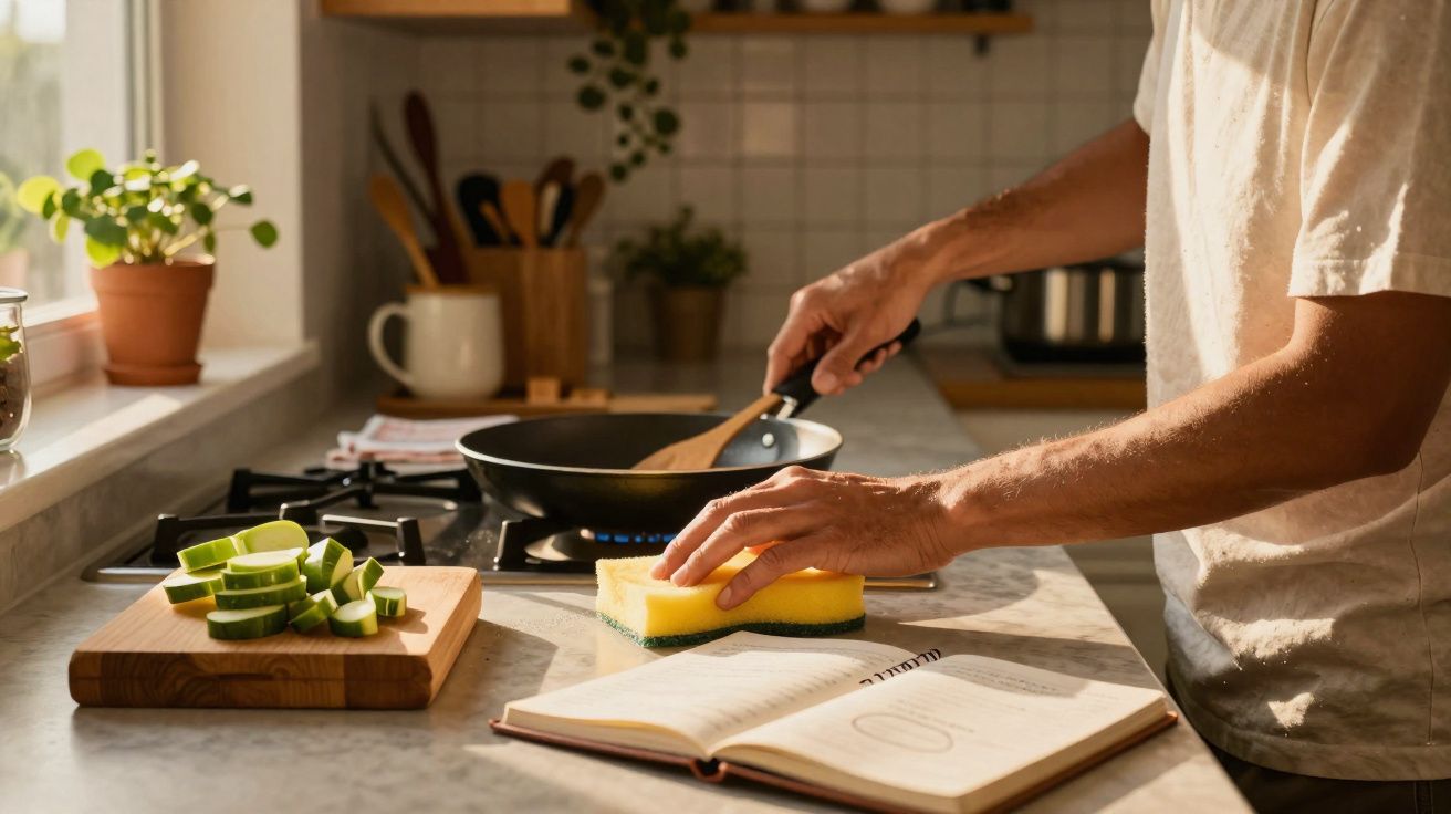 Pessoa a cozinhar no fogão com livro de receitas aberto e legumes cortados numa tábua na cozinha iluminada.