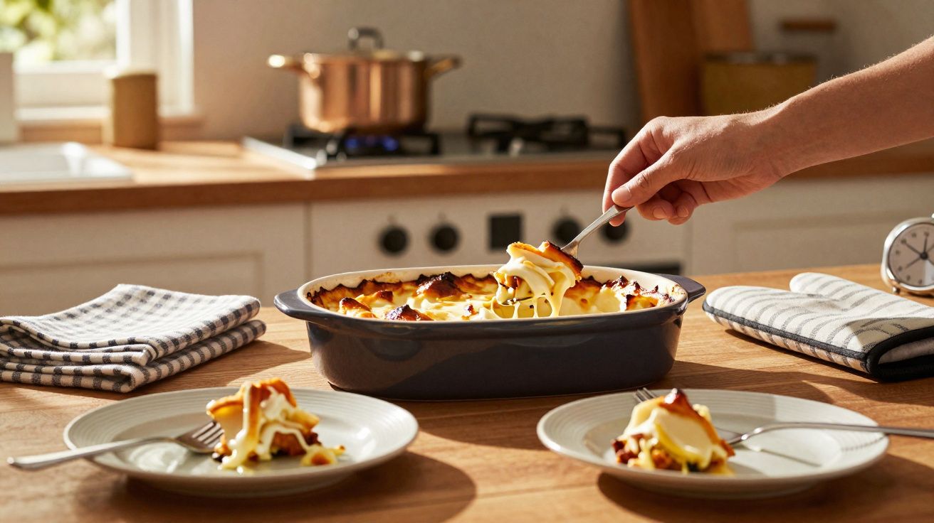 Mãos a servir lasanha numa travessa cerâmica azul, com duas porções em pratos brancos numa mesa de madeira.