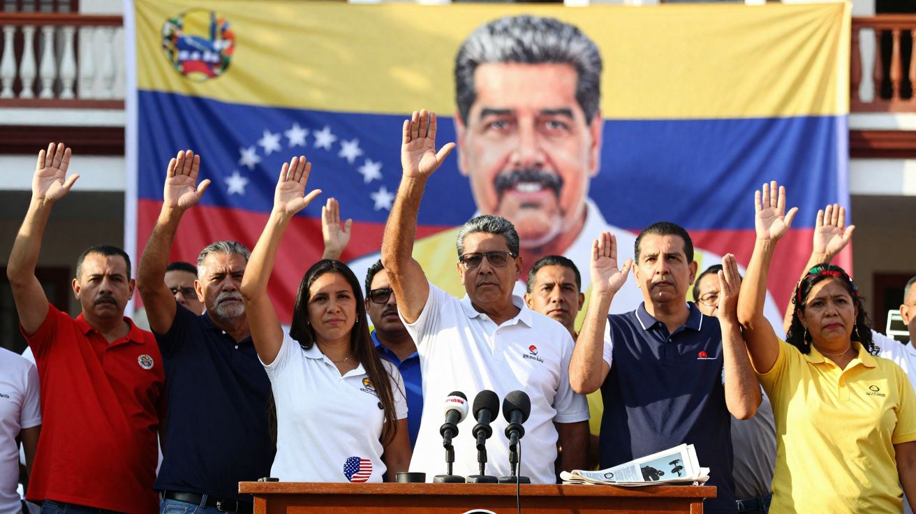 Grupo de pessoas com a mão levantada em protesto, ao fundo bandeira da Venezuela com rosto de Nicolás Maduro.