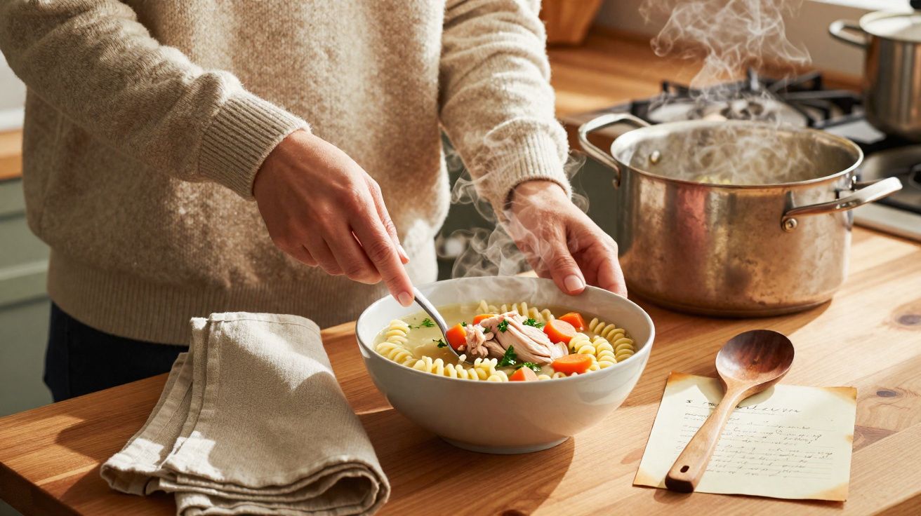 Pessoa a servir sopa quente com legumes e massa numa tigela, ao lado de uma panela fumegante.