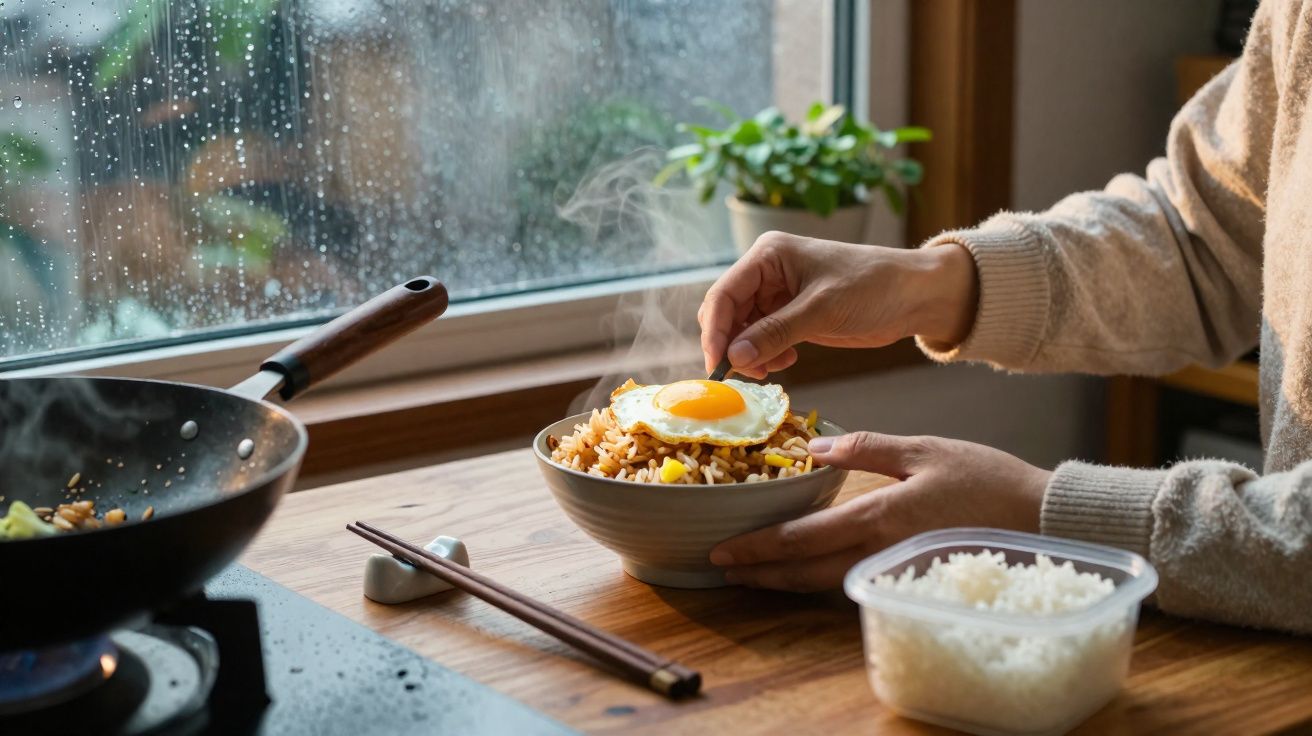 Pessoa a temperar prato de arroz frito com ovo estrelado junto a janela com chuva, pauzinhos e panela ao lado.
