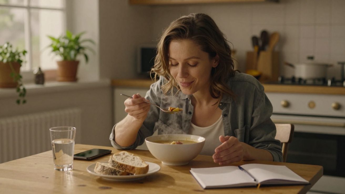 Mulher a saborear sopa quente sentada à mesa com pão, copo de água, telemóvel e caderno aberto.