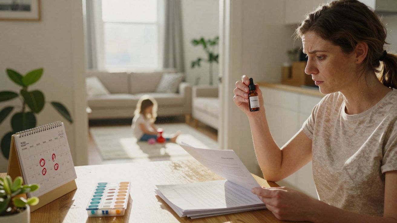 Mulher preocupada a ler documentos e a segurar medicação, criança sentada no tapete ao fundo.