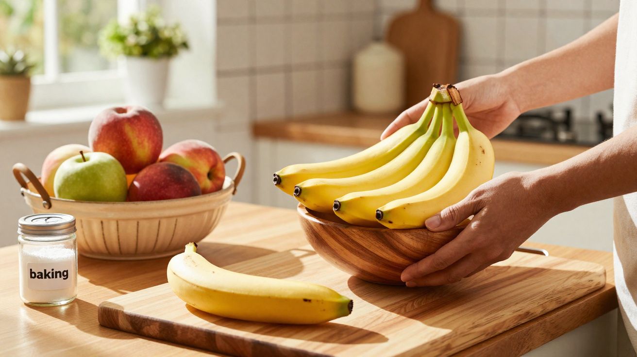 Pessoa a colocar cachos de bananas numa tigela de madeira numa cozinha luminosa com frutas e açúcar em frasco.