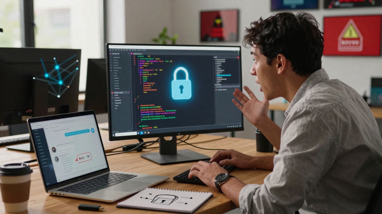 Programador surpreendido com alerta de segurança de dados no ecrã do computador.
