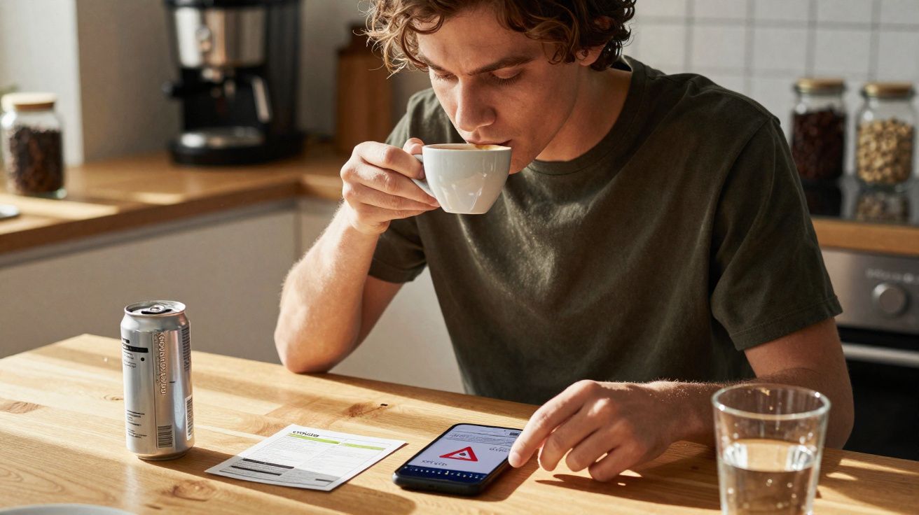 Homem senta à mesa da cozinha a beber café enquanto consulta o telemóvel.