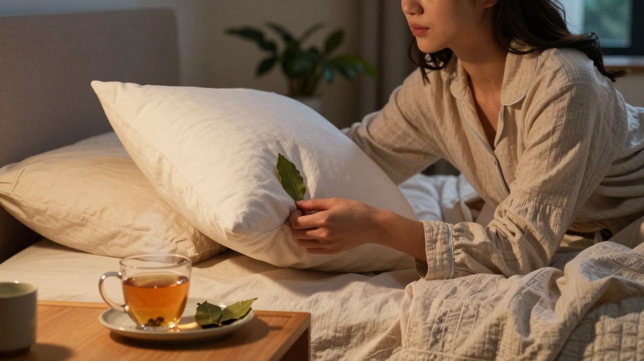 Mulher a colocar folhas dentro de uma almofada numa cama, com chá numa mesa ao lado.