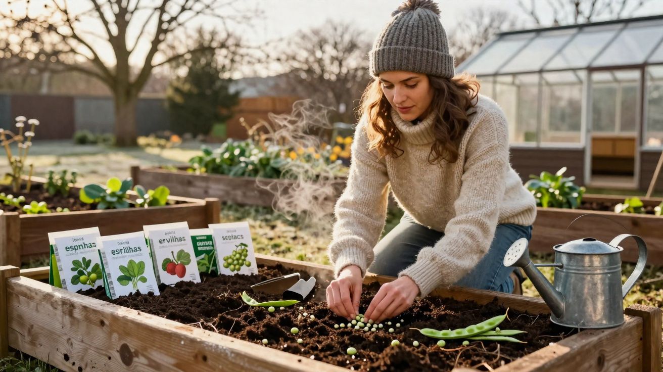 Mulher plantando sementes em canteiro elevado num jardim, com regador e quatro pacotes de sementes ao lado.