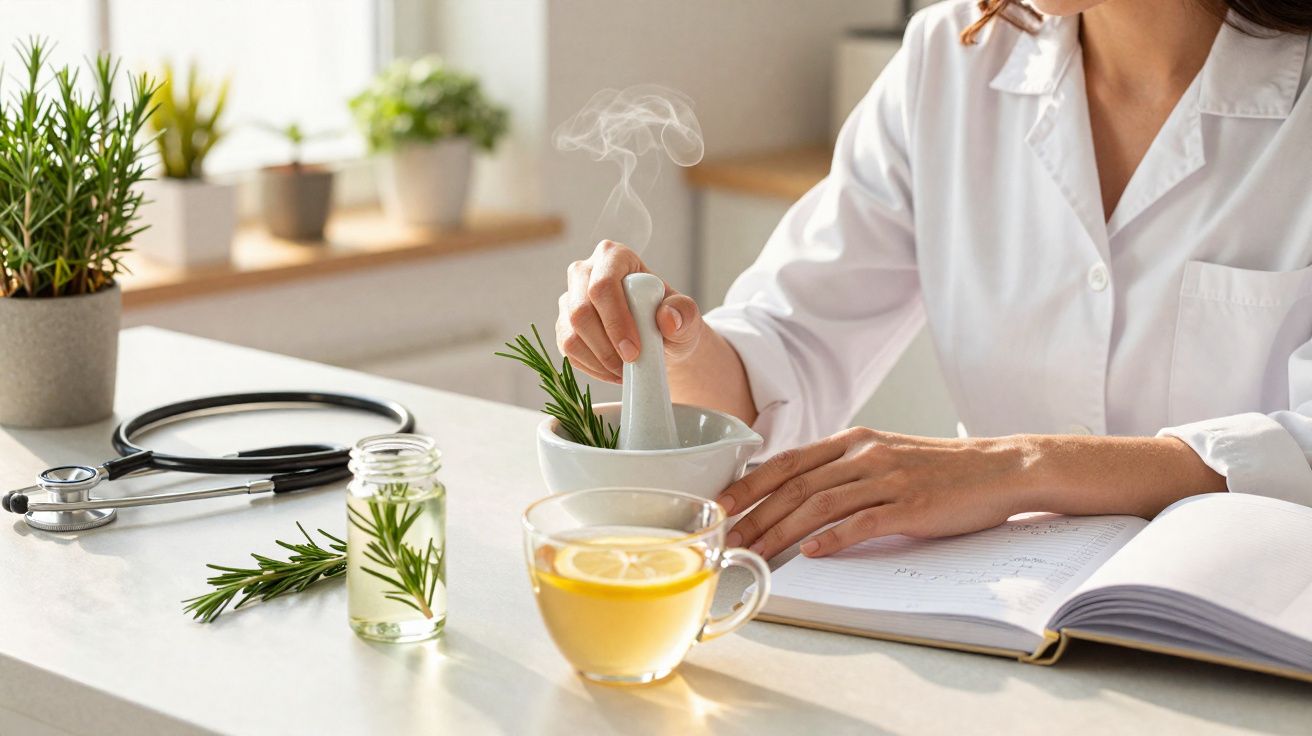 Profissional de saúde a preparar infusão de ervas com pilão, livro aberto e estetoscópio na mesa.