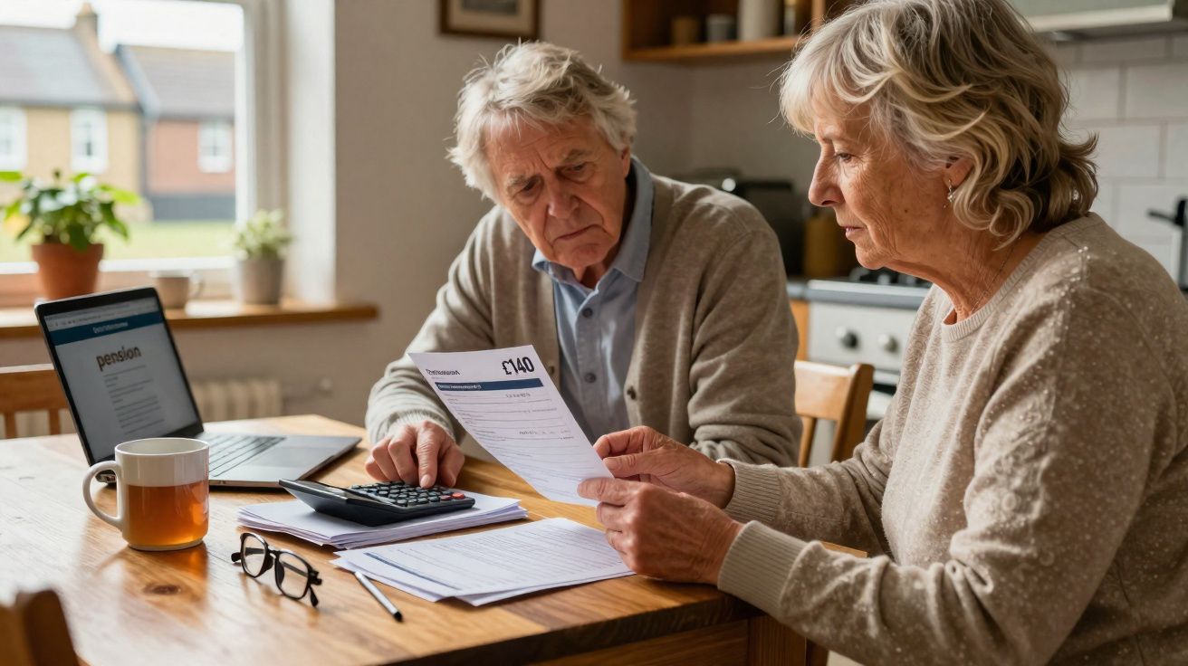 Casal sénior a analisar documentos financeiros numa mesa com laptop e calculadora.