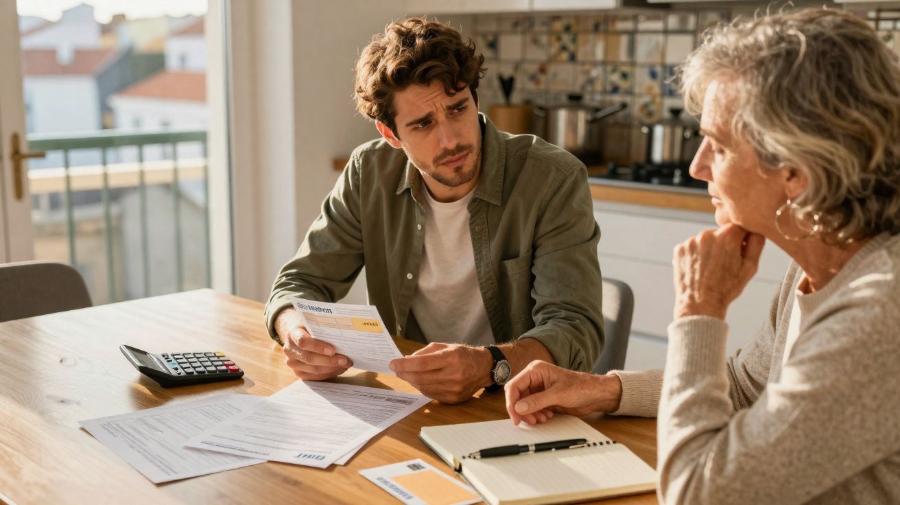 Homem jovem e mulher sénior a discutir documentos e contas numa mesa em casa.
