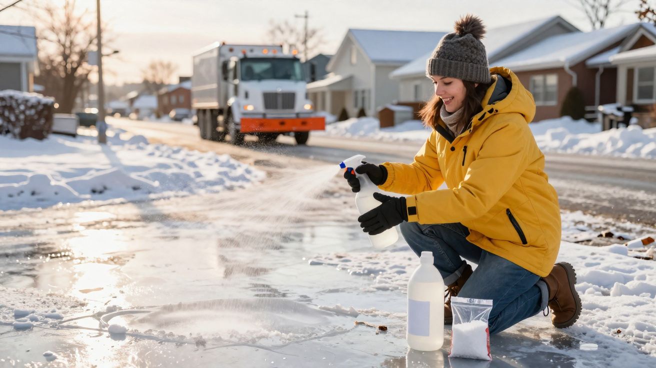 Mulher de casaco amarelo e gorro limpa gelo no chão com spray, ao ar livre numa rua com neve.