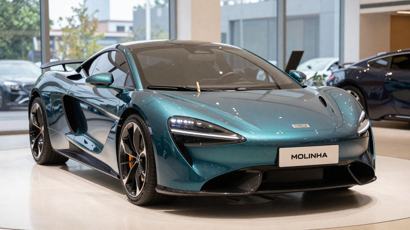 Carro desportivo azul metálico McLaren em exposição numa sala com chão branco e janelas grandes.