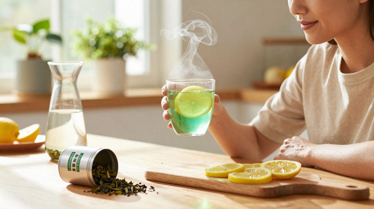 Pessoa a segurar chá quente com rodelas de limão, chá verde e limão em frasco e tábua de madeira na mesa.