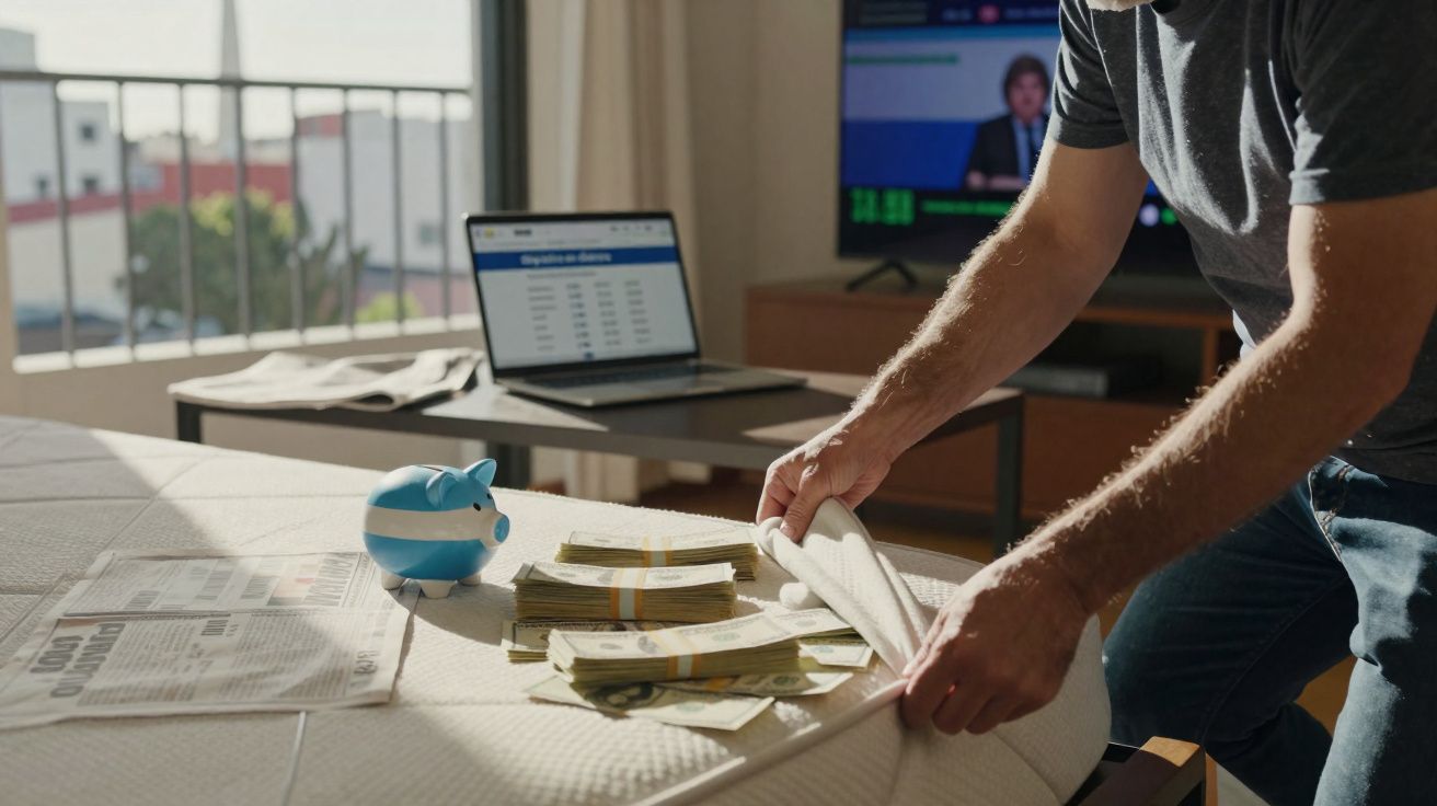 Pessoa a esconder maços de notas em baixo do colchão, numa divisão com computador portátil e televisão ao fundo.