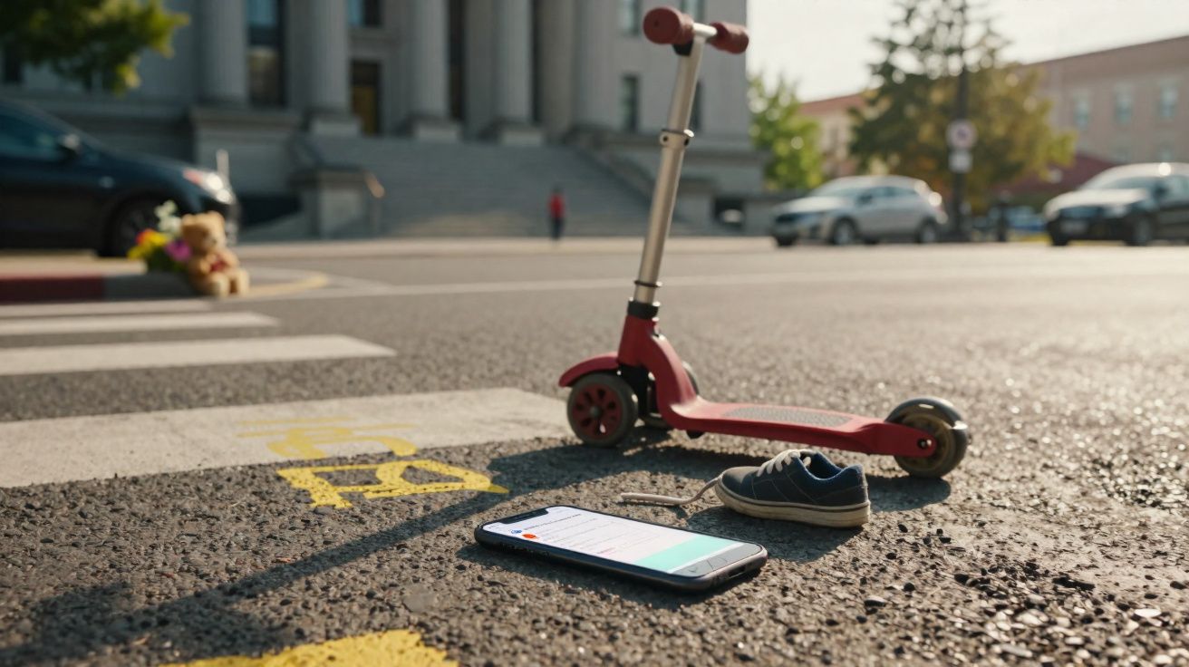 Trotinete vermelha, sapato infantil e telemóvel no chão de passadeira junto a cruzamento urbano.