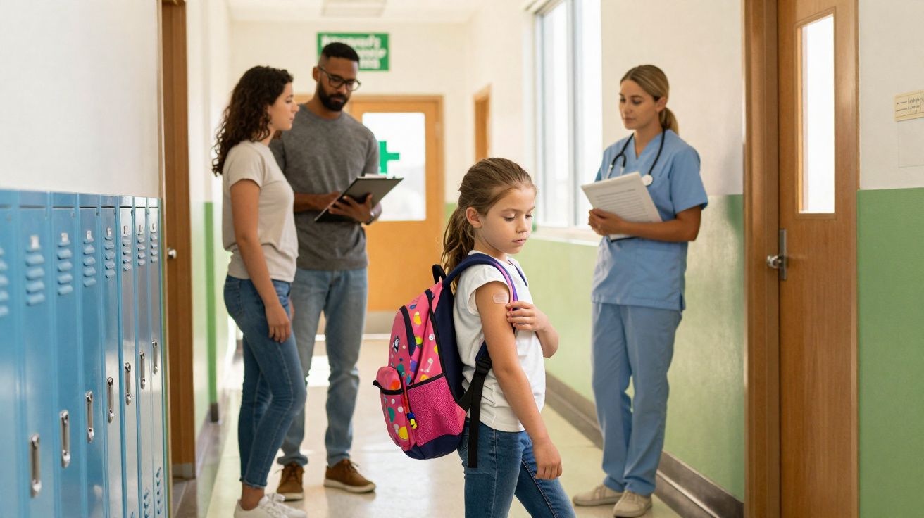 Menina com mochila no corredor da escola mostra adesivo de vacina, enquanto professora e pais conversam ao fundo.