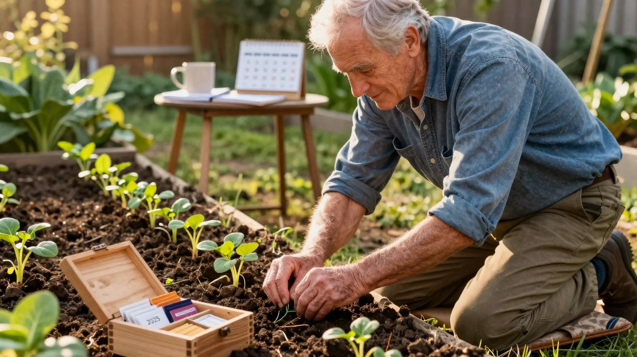 Homem idoso a cuidar de plantas jovens numa horta, com caixa de sementes e mesa ao fundo.