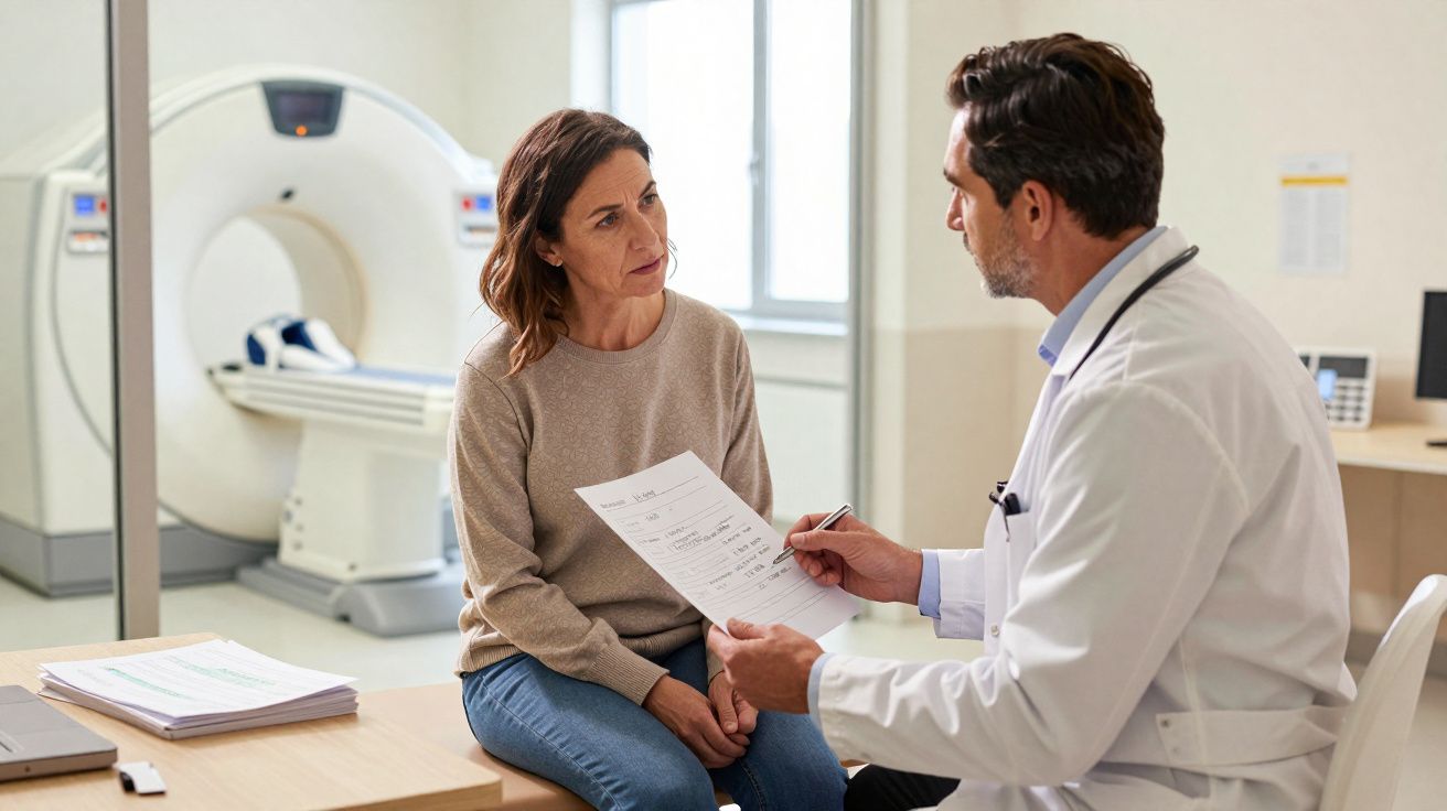 Médico consulta paciente numa sala com aparelho de ressonância magnética ao fundo.