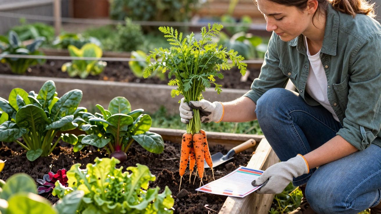 Mulher com luvas, agachada, colhe cenouras frescas numa horta urbana bem cuidada.