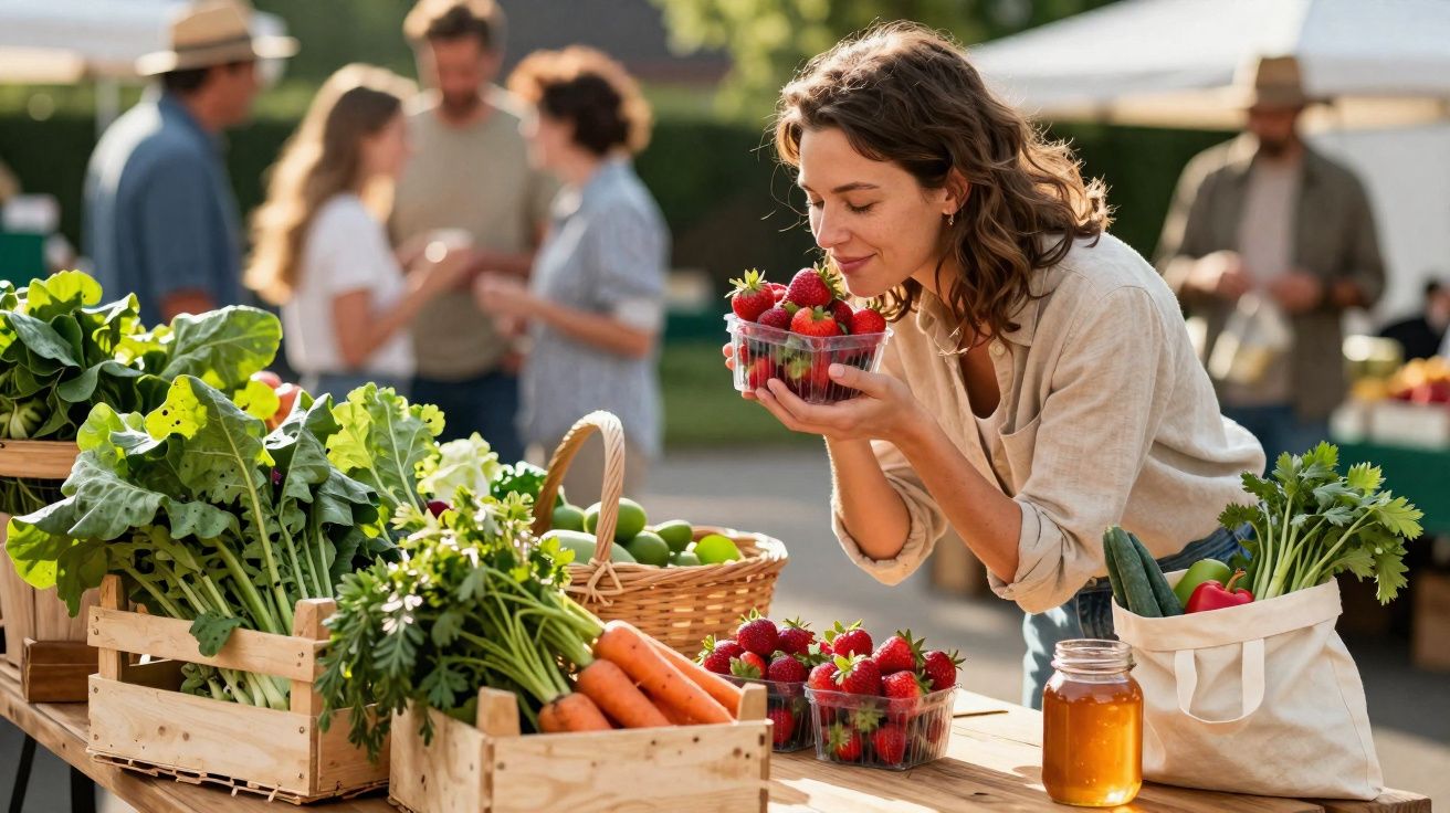 Mulher cheira morangos num mercado ao ar livre com legumes frescos e outras pessoas ao fundo.