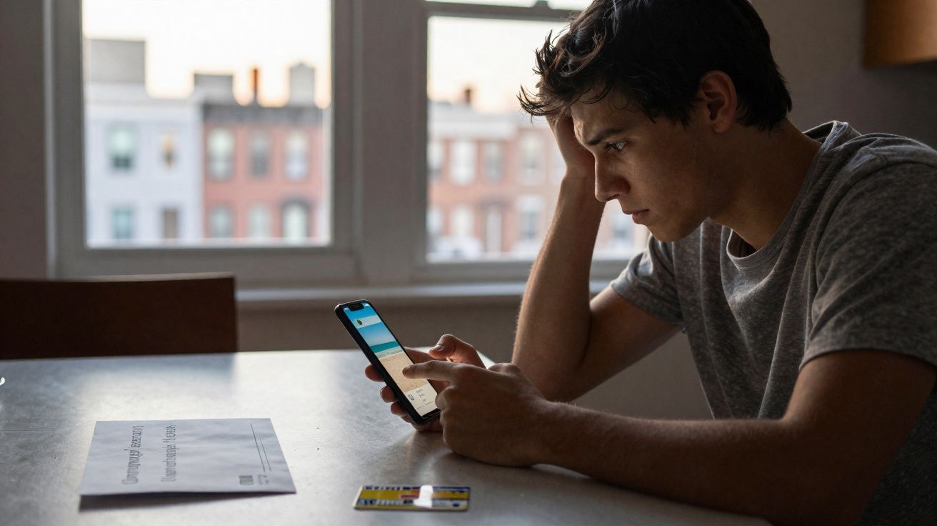 Homem jovem preocupado consulta telemóvel sentado à mesa com carta e cartão bancário à sua frente.