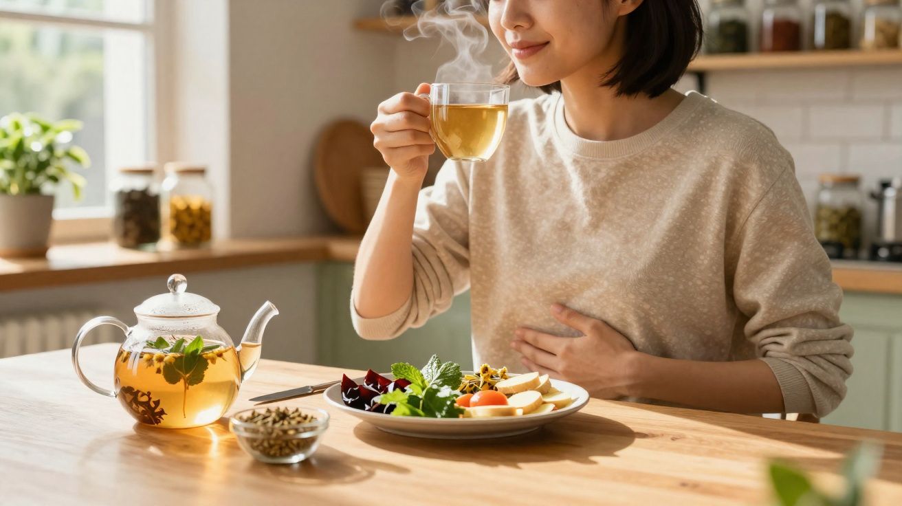 Mulher a beber chá quente numa chávena transparente numa cozinha iluminada, ao lado de prato com alimentos.