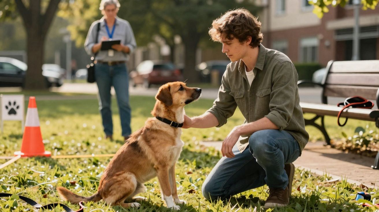 Jovem a treinar um cão castanho num parque, com outra pessoa a observar ao fundo.