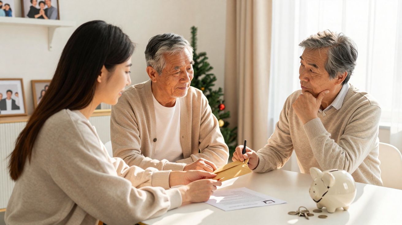 Três pessoas sentadas à mesa a discutir documentos, com mealheiro e moedas, numa sala com árvore de Natal.