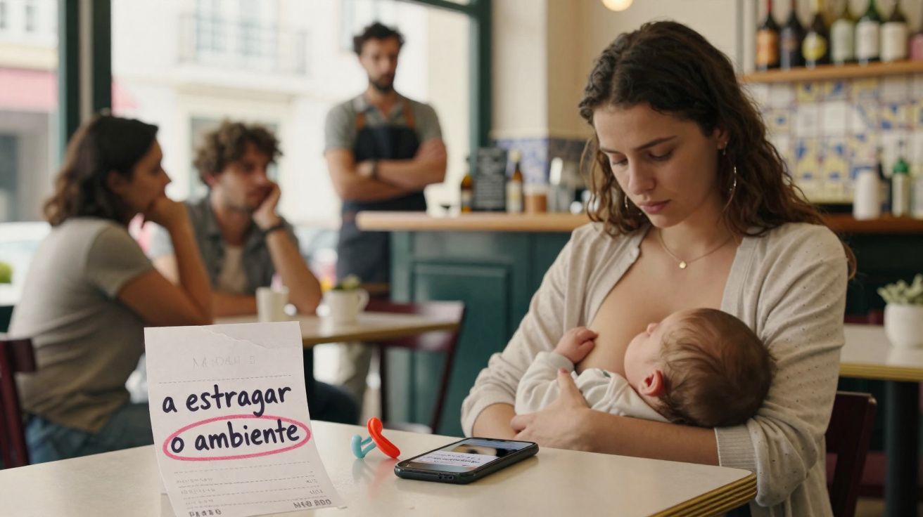 Mulher a amamentar bebé numa esplanada, com apoio para bebé na mesa e slogan sobre ambiente.