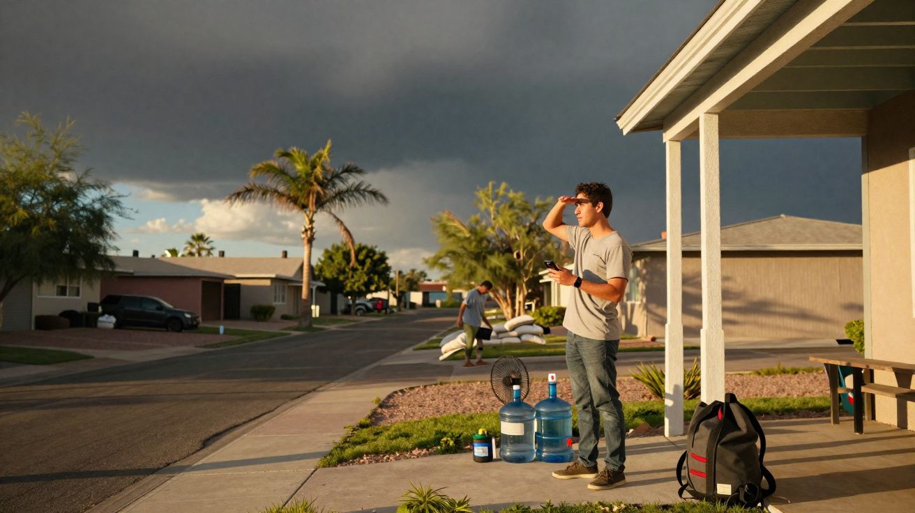Homem de pé na calçada com mochila e garrafões de água, olhando para o céu nublado numa rua suburbana.
