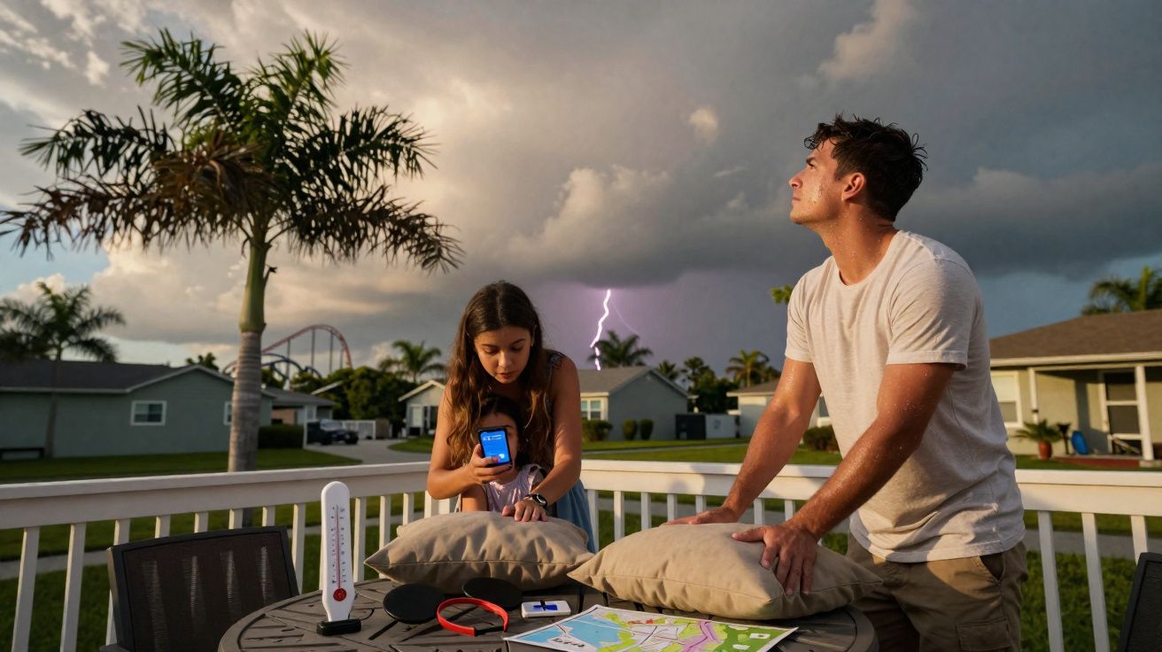 Jovens num terraço durante tempestade com relâmpago, verificando equipamento meteorológico na mesa.