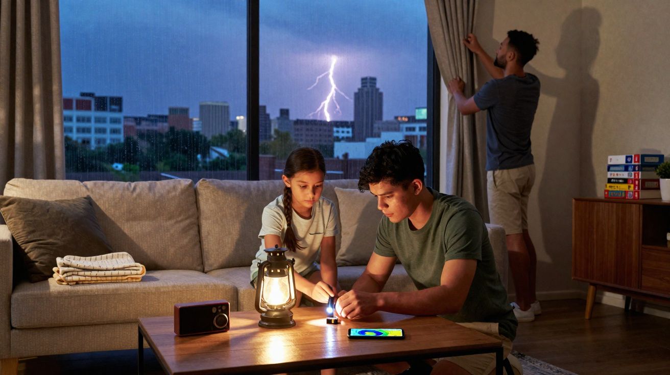 Família em casa durante tempestade, duas crianças com lanterna e homem a fechar a cortina, raio visível na janela.