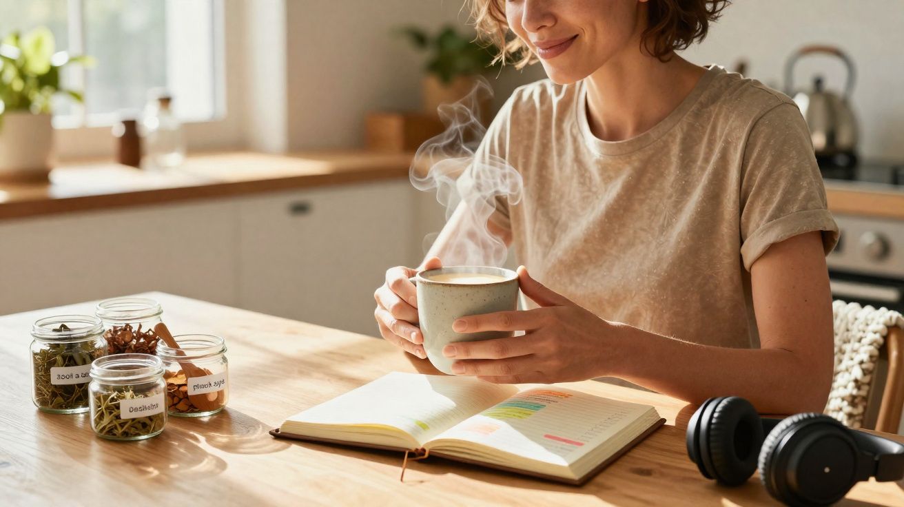 Mulher com sorriso suave segurando chá quente junto a caderno aberto e frascos de ervas numa mesa de cozinha.