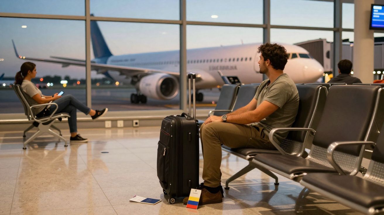Homem sentado com mala no aeroporto a olhar para avião estacionado junto à janela ao anoitecer.