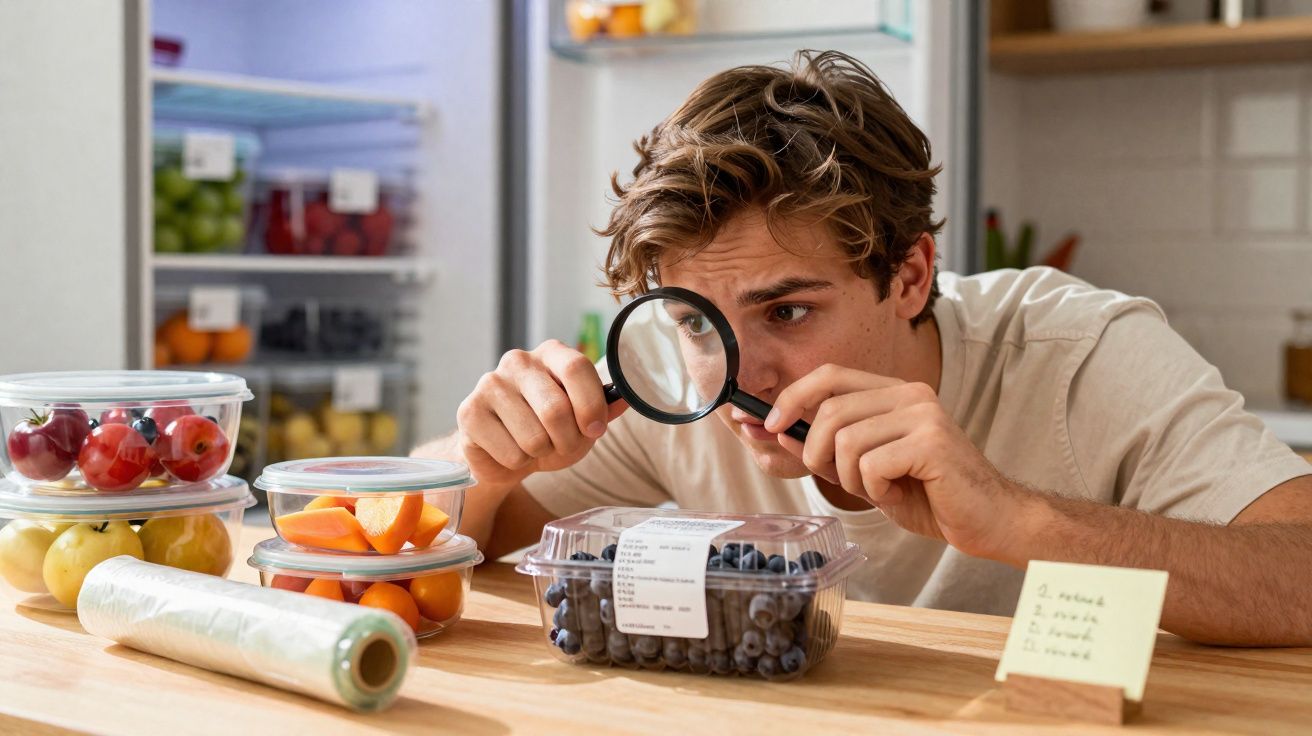 Homem de camisa bege examina mirtilos numa caixa plástica usando uma lupa na cozinha.