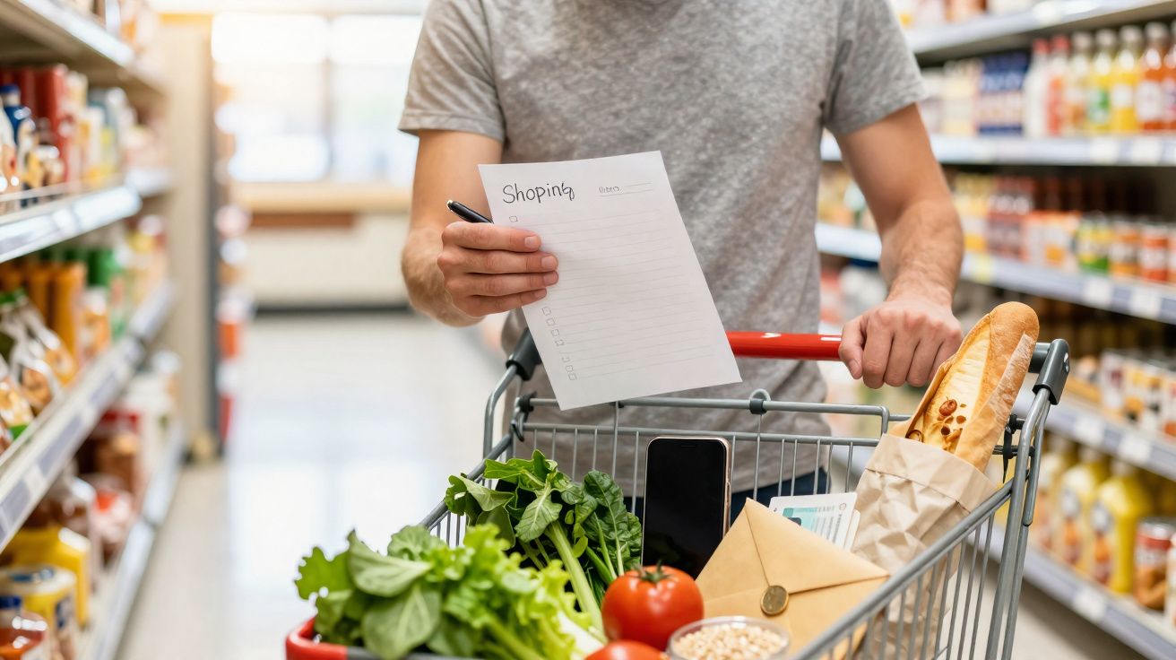 Pessoa com carrinho de supermercado cheio de vegetais, pão e porta uma lista de compras numa mão.