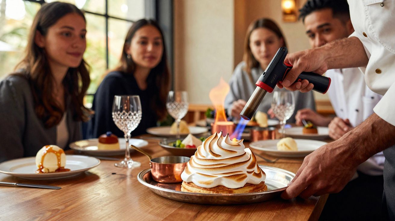 Chef a queimar a sobremesa com maçarico junto a grupo de pessoas sentadas à mesa num restaurante.