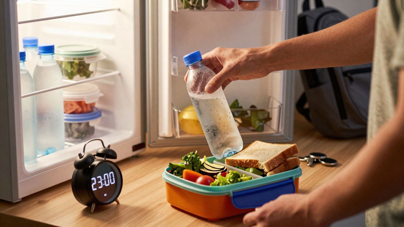 Pessoa a colocar garrafa de água numa lancheira com sandes e vegetais ao lado de um frigorífico aberto e relógio a mostrar 23