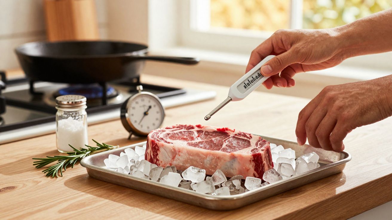 Pessoa a medir a temperatura de um bife cru sobre gelo numa bandeja metálica na cozinha.