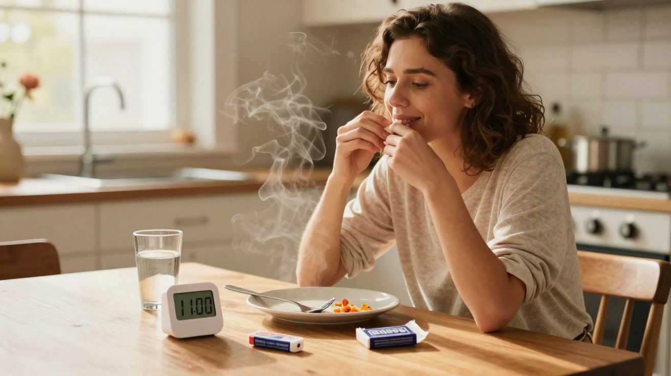 Mulher a tomar comprimido junto a prato com comida e copo de água numa cozinha iluminada.
