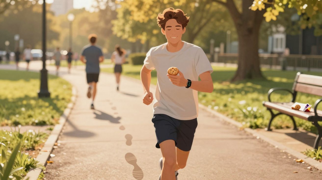 Jovem a correr num parque a segurar um bolo, com outras pessoas a correr ao fundo num dia de sol.