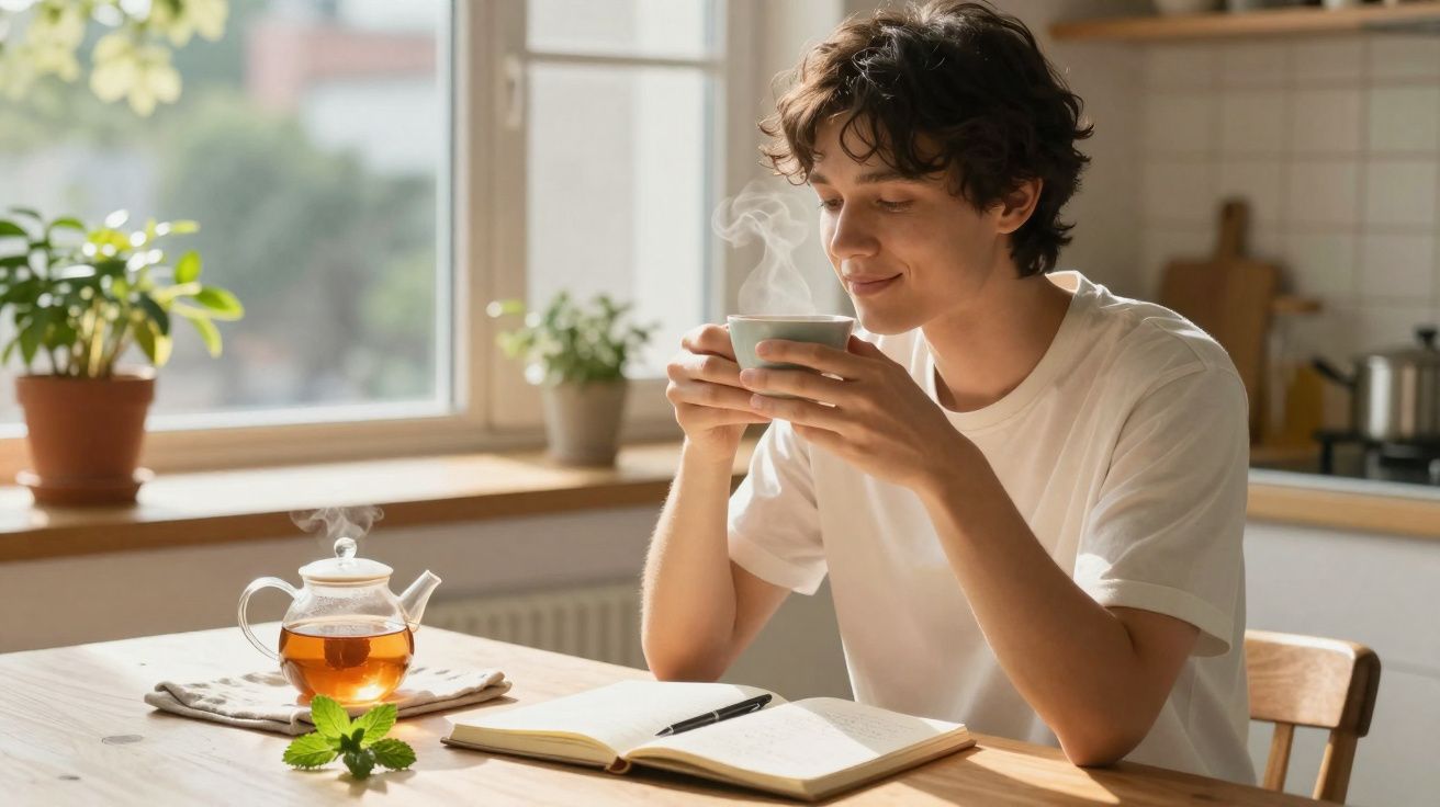 Pessoa jovem em camiseta branca a apreciar chá quente enquanto lê num caderno na cozinha iluminada.