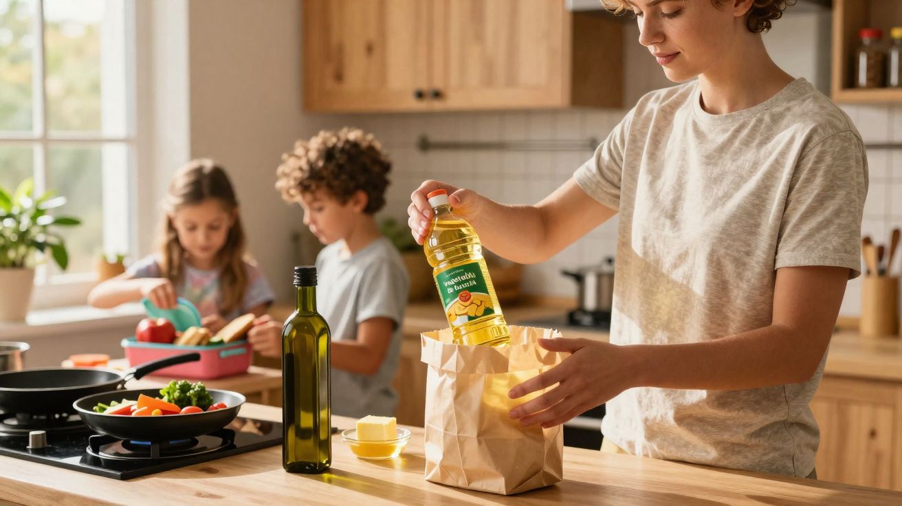 Jovem a guardar garrafa de óleo na cozinha, com duas crianças a preparar lanche ao fundo.